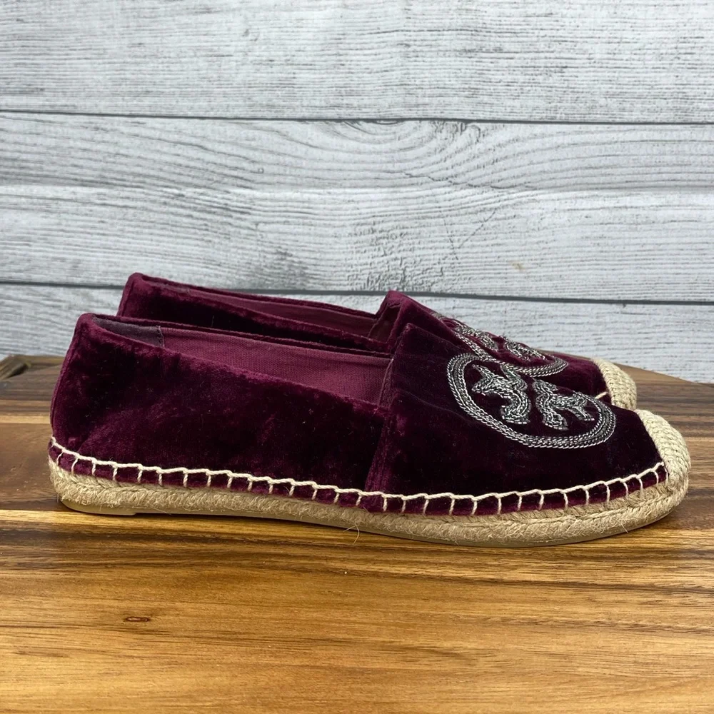Tory Burch Chain Logo Velvet Espadrilles Bordeaux Purple Flats Women’s Size 6